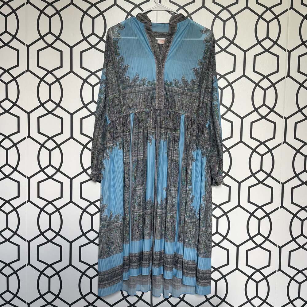 Lady Carol Of New York Vintage Pleated Paisley Long Sleeve Midi Dress L/XL